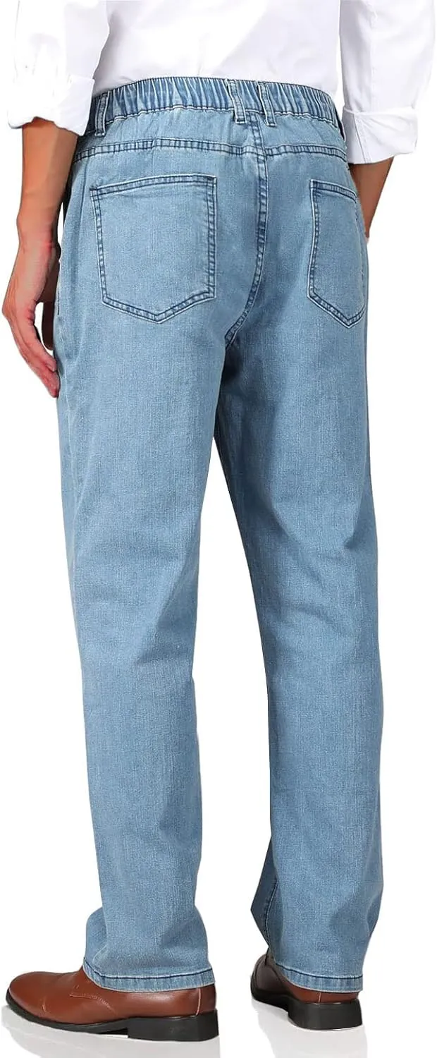 Soojun Mens Elastic Waist Jeans Relaxed Fit with Zipper and Button