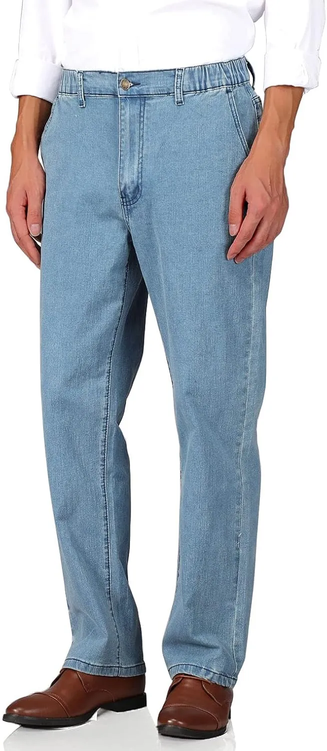 Soojun Mens Elastic Waist Jeans Relaxed Fit with Zipper and Button