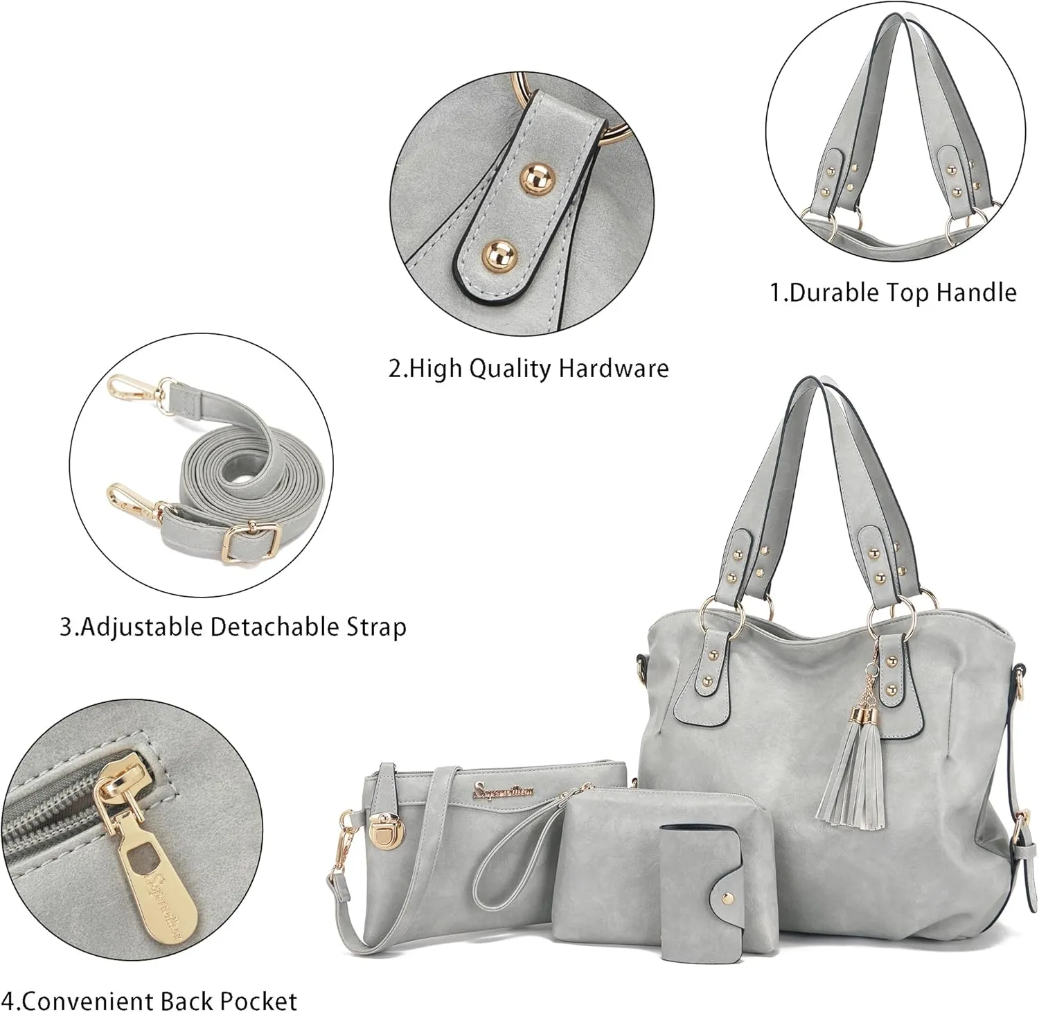 Soperwillton Fashion Handbag for Women Shoulder Bag Top Handle Satchel Hobo Tote Bag Purse Set 4pcs
