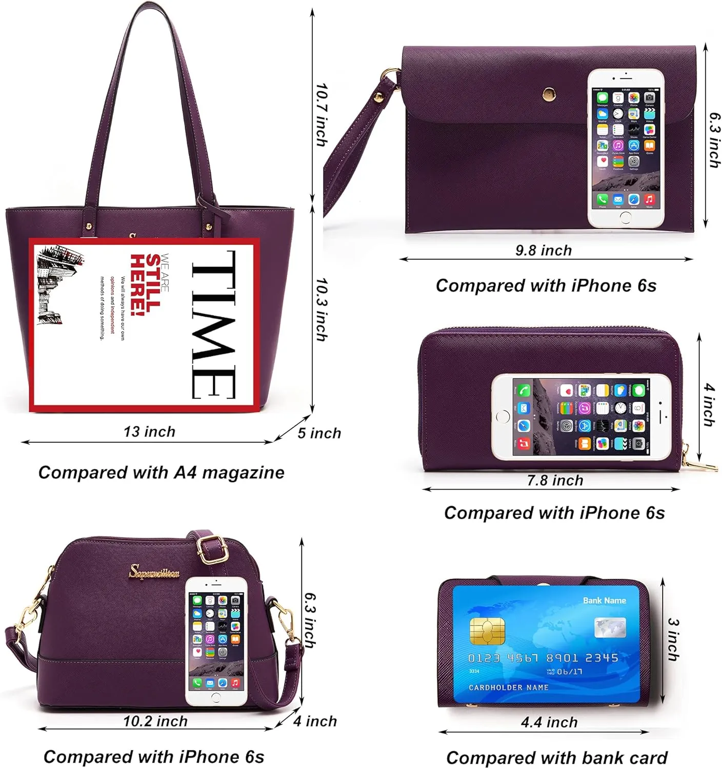 Soperwillton Handbag for Women Wallet Tote Bag Shoulder Bags Top Handle Satchel 5pcs Purse Set