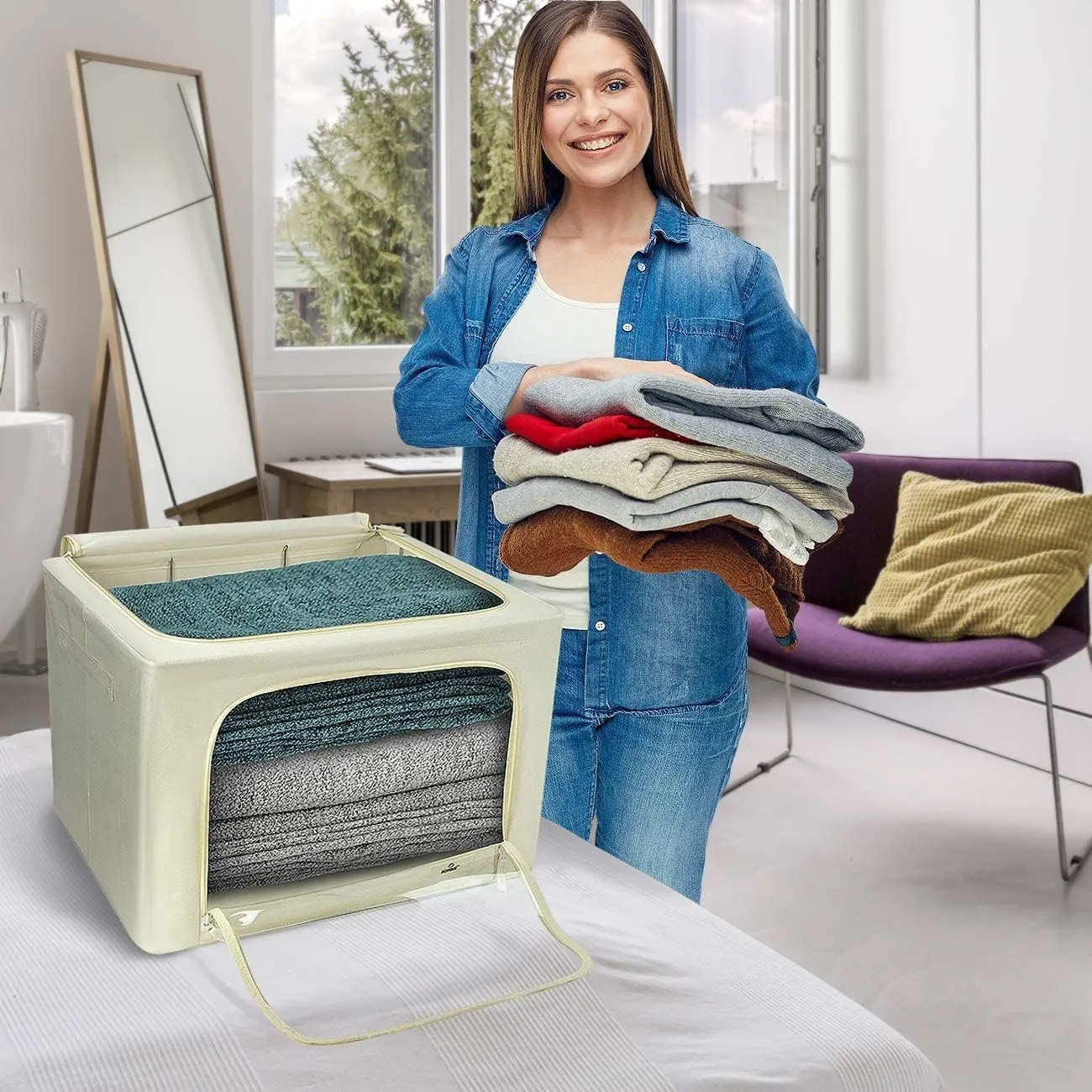 Sorbus Jumbo Storage Bins with Metal Frame - Oxford Fabric Storage Containers with Large Clear Window & Carry Handles - Stackable & Foldable Clothes Organizer Bags for Bedding Linen, Clothing & More