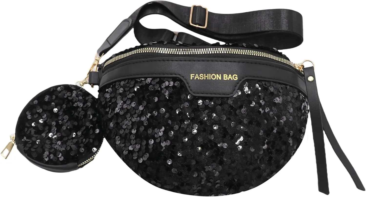 Sparkly Sequin Fanny Packs Glitter Waist Bag Adjustable Chest Belt Bags with Coin Purse for Women Girls,Black 5#
