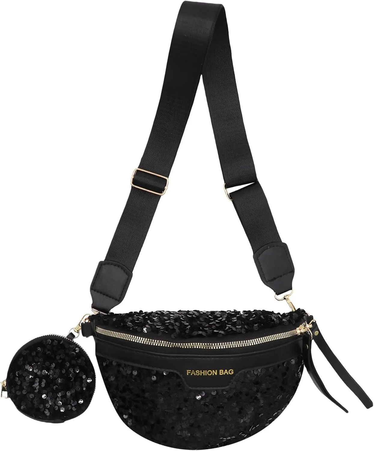 Sparkly Sequin Fanny Packs Glitter Waist Bag Adjustable Chest Belt Bags with Coin Purse for Women Girls,Black 5#