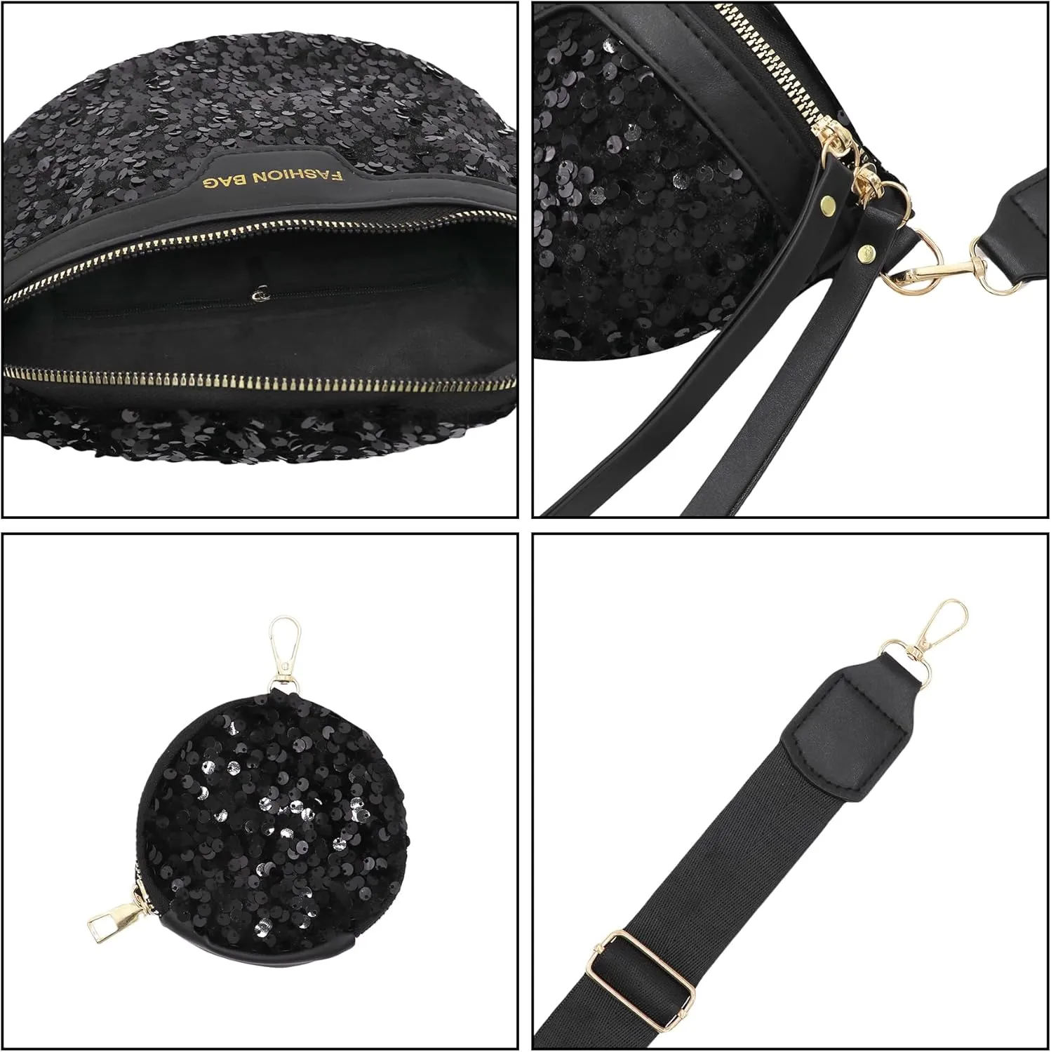 Sparkly Sequin Fanny Packs Glitter Waist Bag Adjustable Chest Belt Bags with Coin Purse for Women Girls,Black 5#