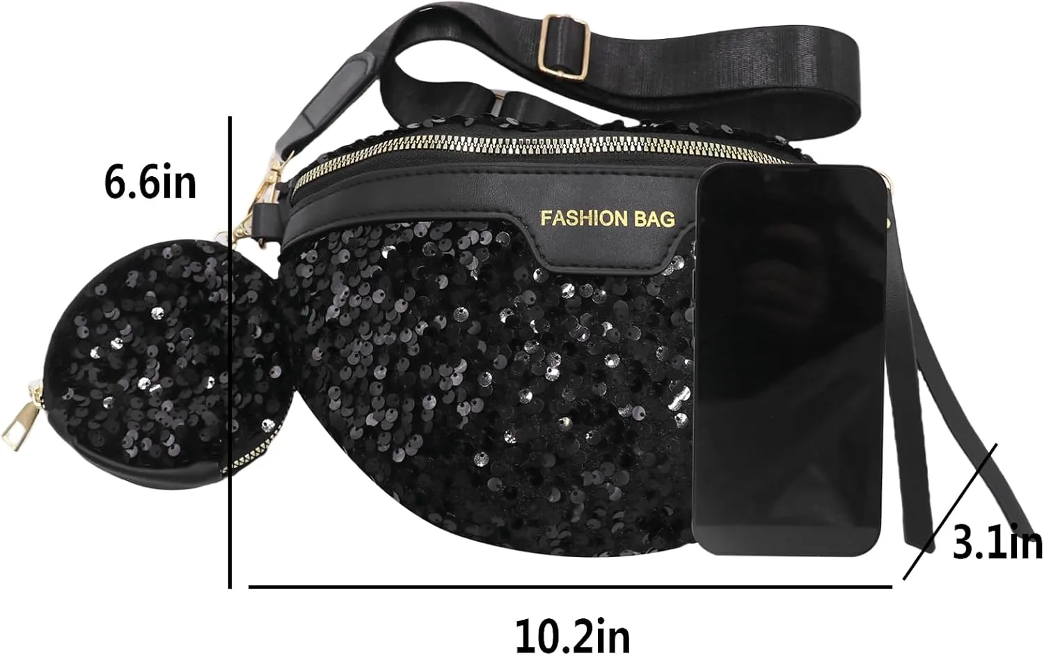 Sparkly Sequin Fanny Packs Glitter Waist Bag Adjustable Chest Belt Bags with Coin Purse for Women Girls,Black 5#