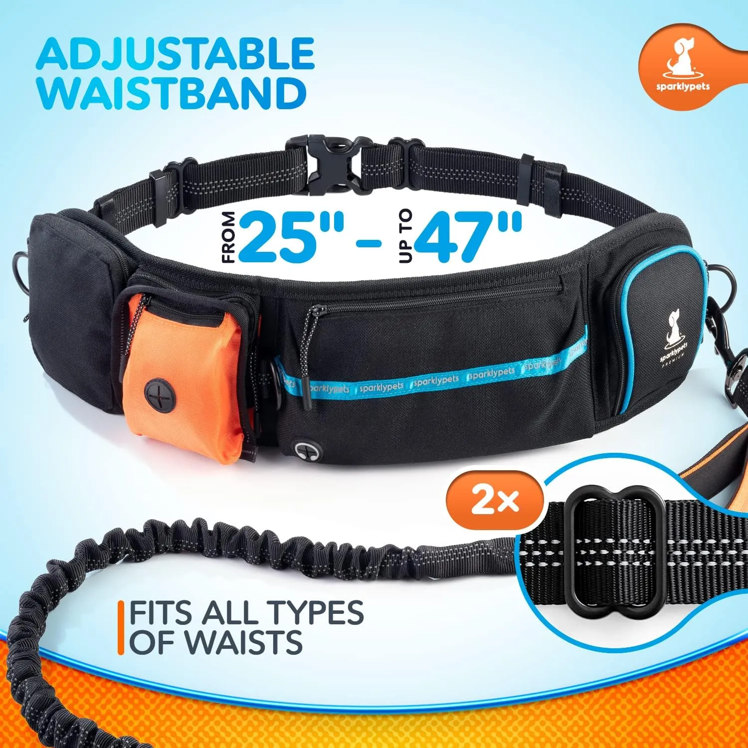 SparklyPets Active Waist Leash for Dog Walking Pack – Hands Free Dog Leash for Medium & Large Breeds – Complete Gear with Phone Holder, Detachable Poop Bag, Treat Pouch, and Bottle Holder