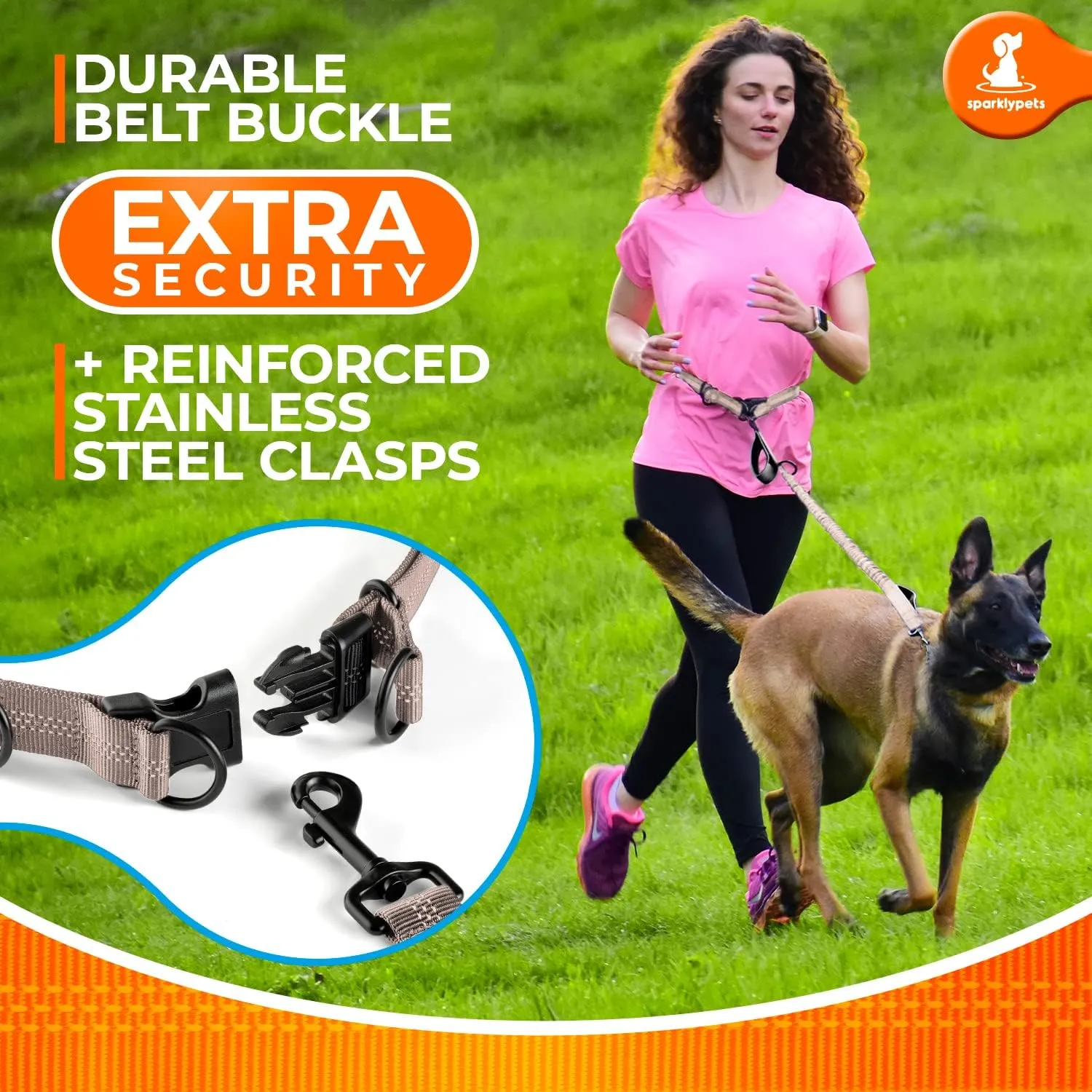 SparklyPets - Hands Free Dog Leash with Reflective Stitches - Waist Leash for Medium & Large Dogs Walking, Hiking, Training, Jogging, Canicross, Running
