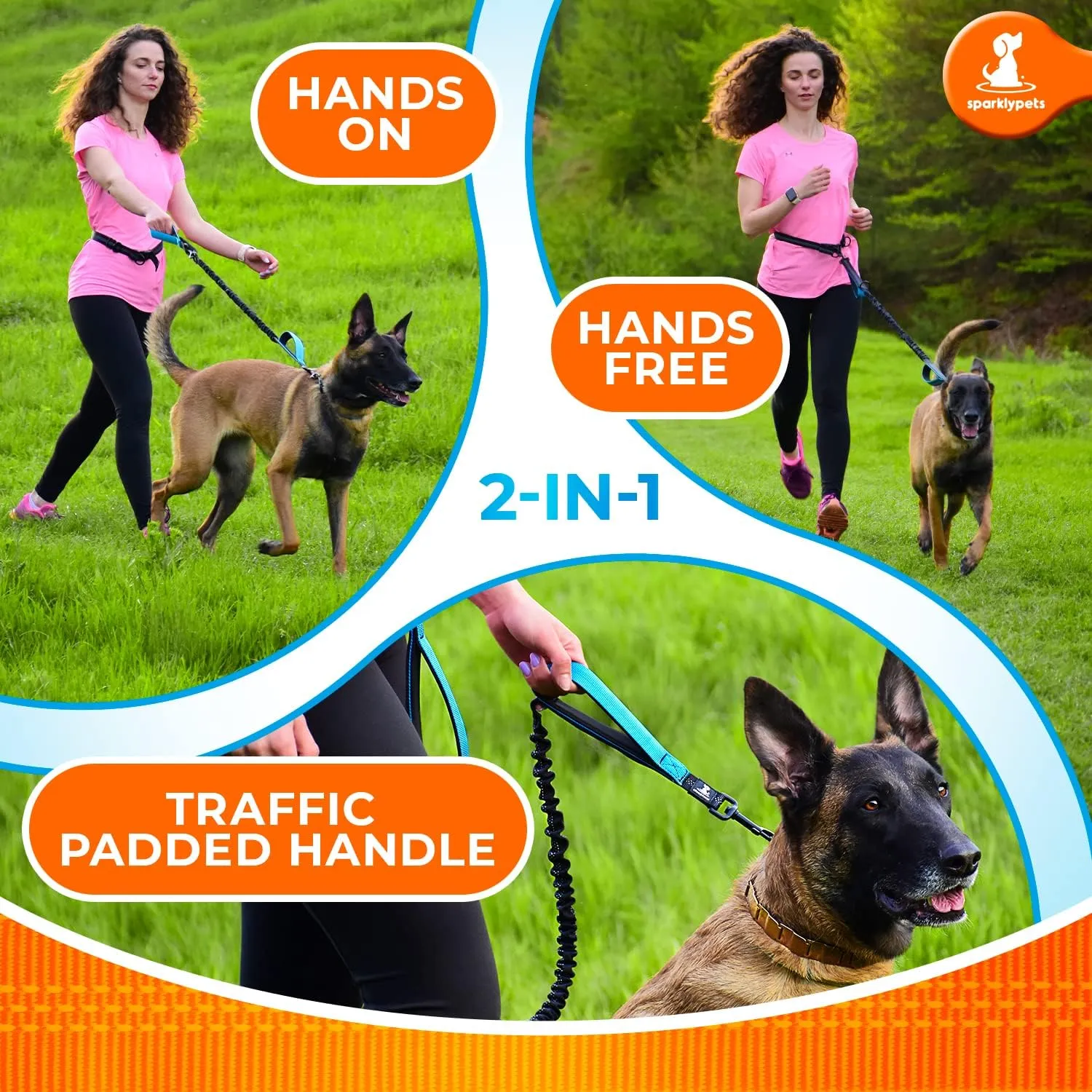 SparklyPets - Hands Free Dog Leash with Reflective Stitches - Waist Leash for Medium & Large Dogs Walking, Hiking, Training, Jogging, Canicross, Running