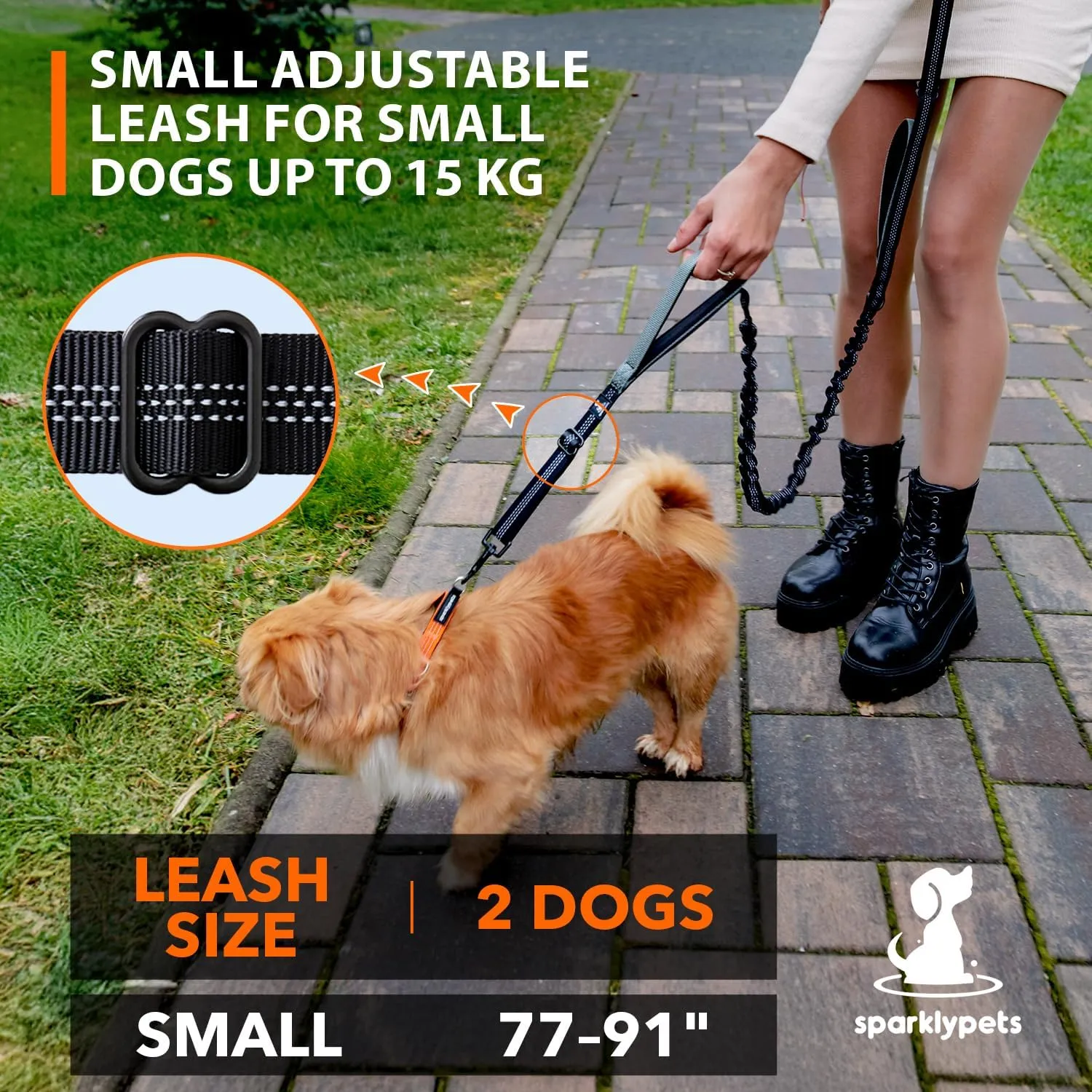 SparklyPets - Hands Free Double Dog Leash - Dual Dog Leash for 2 Small Dogs - with Padded Handles, Reflective Stitches - No Pull, Tangle Free, for Walking, Hiking, Canicross - for Small Dogs