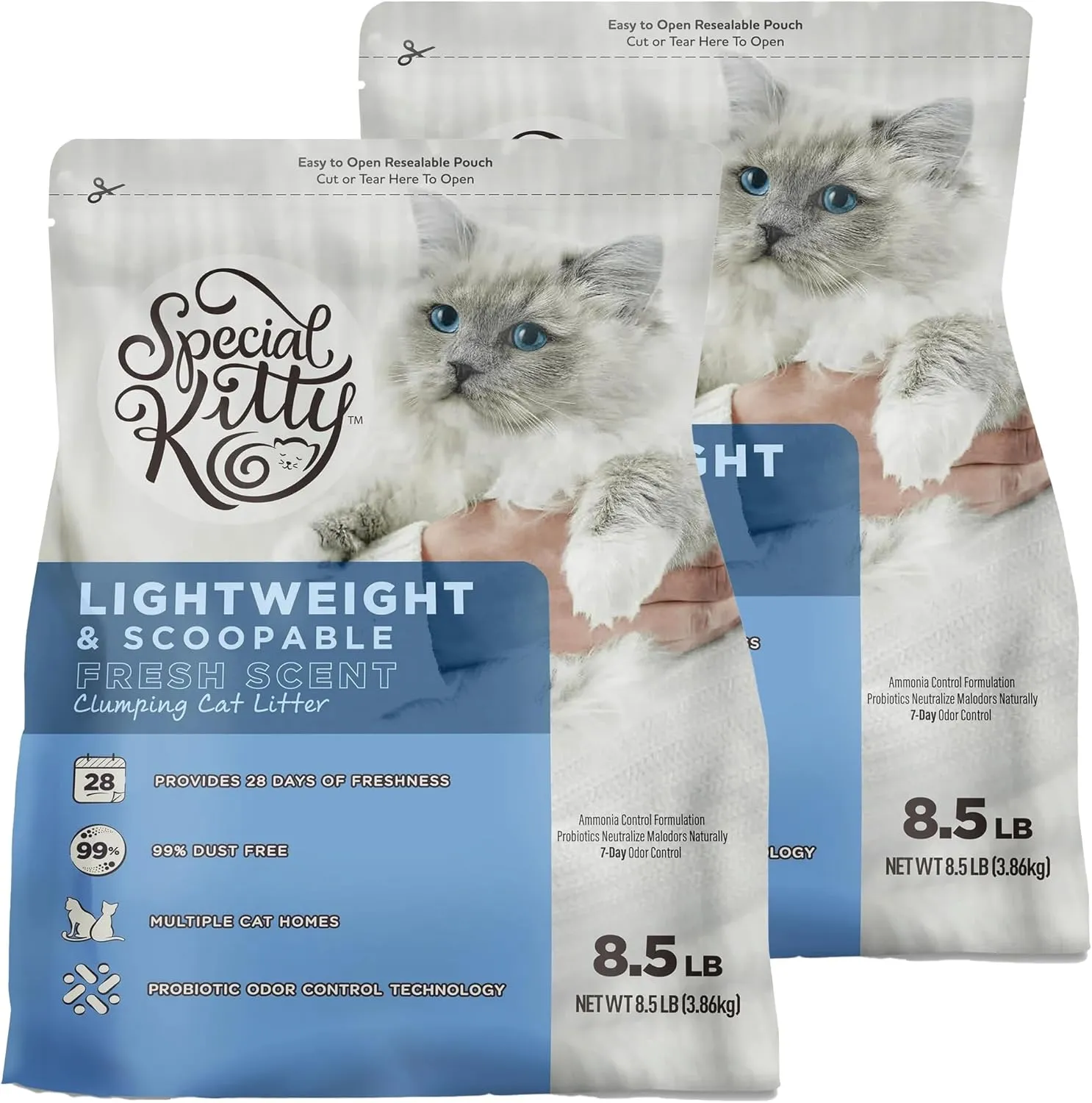 Special Kitty Lightweight Scoopable Clumping Cat Litter, 2 Bags of 8.5 lb Bag, Fresh Scent, Dust-Free, Probiotic Odor Control, Ammonia Management, Multi-Cat Use, Easy to Scoop, Long-Lasting Clean