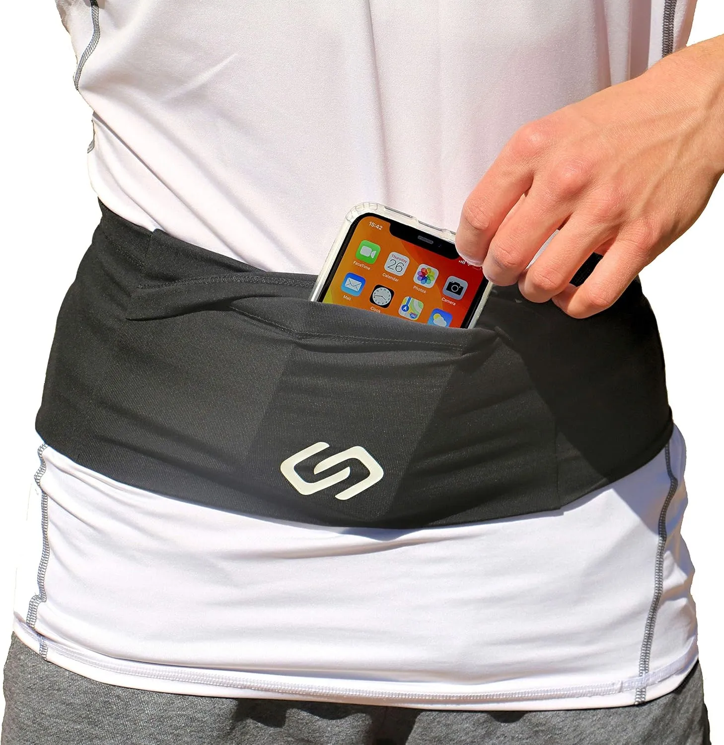 Sporteer VersaMod Running Belt, Workout Waist Pack, Travel Money and Passport Belt for Smartphones and Personal Items (Medium, Black)