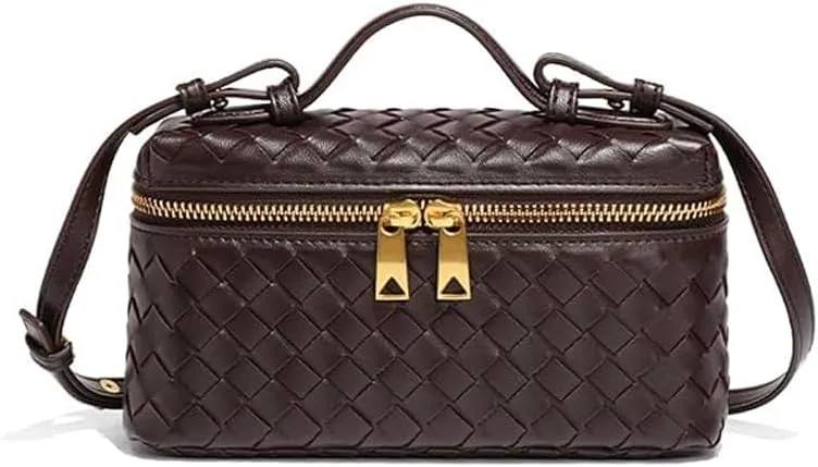 Square Box Crossbody Purse, Mini PU Leather Shoulder Bag, Top-Handle Tote Handbag, Woven Design