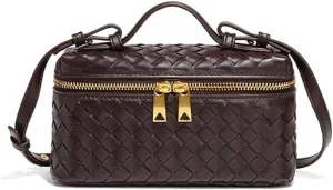 Square Box Crossbody Purse, Mini PU Leather Shoulder Bag, Top-Handle Tote Handbag, Woven Design