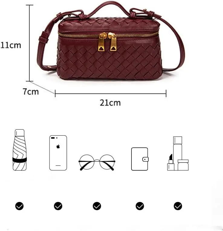 Square Box Crossbody Purse, Mini PU Leather Shoulder Bag, Top-Handle Tote Handbag, Woven Design