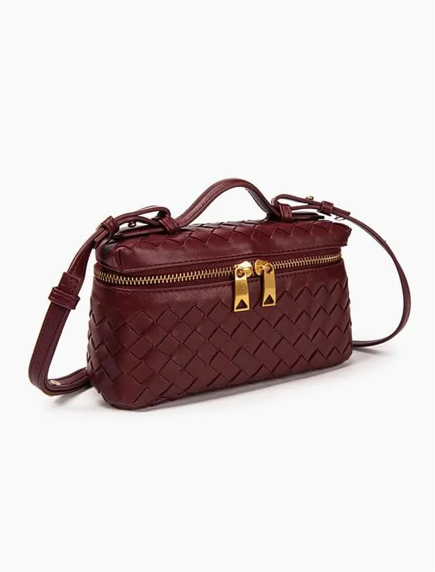 Square Box Crossbody Purse, Mini PU Leather Shoulder Bag, Top-Handle Tote Handbag, Woven Design