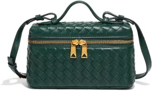 Square Box Crossbody Purse, Mini PU Leather Shoulder Bag, Top-Handle Tote Handbag, Woven Design