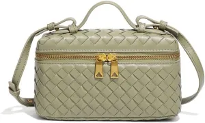 Square Box Crossbody Purse, Mini PU Leather Shoulder Bag, Top-Handle Tote Handbag, Woven Design