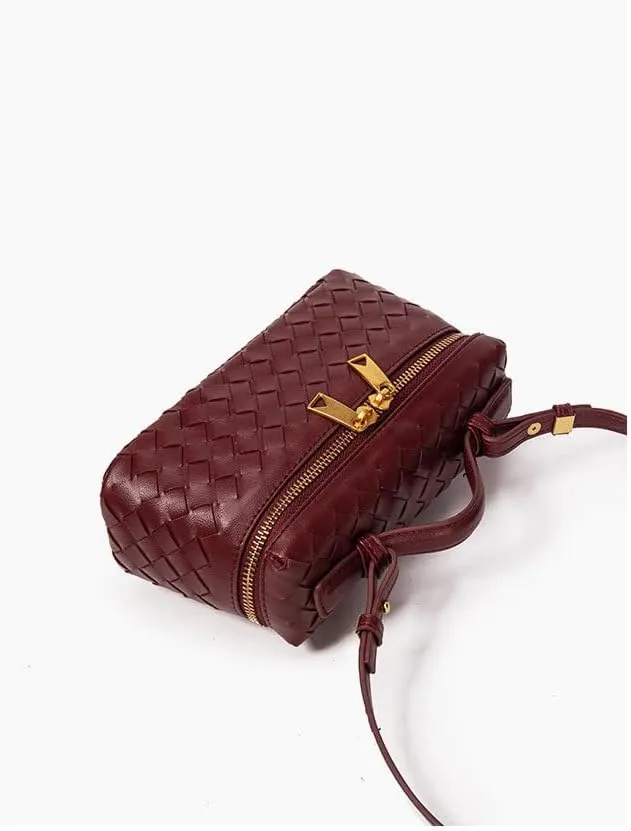 Square Box Crossbody Purse, Mini PU Leather Shoulder Bag, Top-Handle Tote Handbag, Woven Design