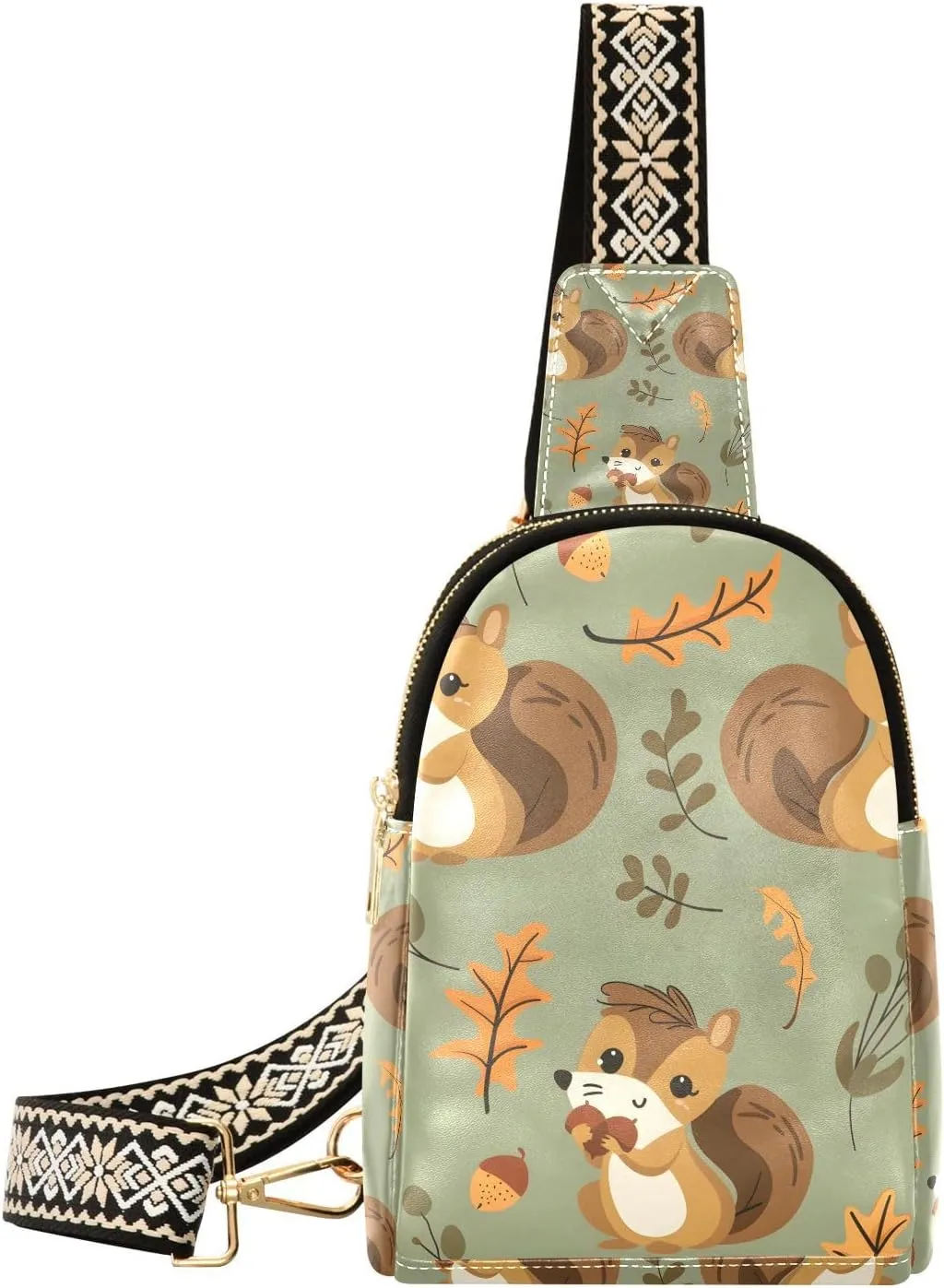 Squirrel Acorns Oak Leaves Backpack Sling Bag for Women Crossbody Bags Small Cross Body Bags Leather Travel Chest Bag Purse Casual Daypack