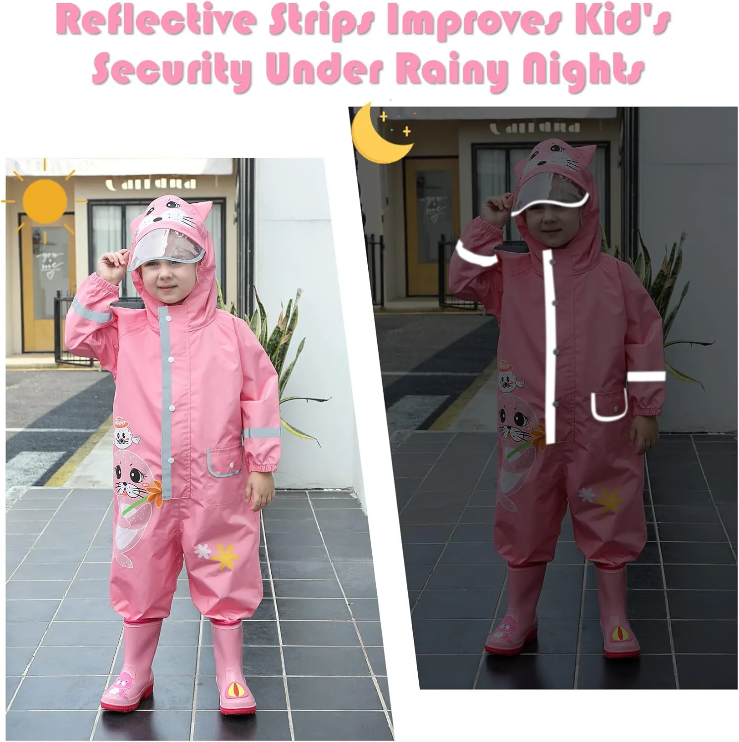 SSAWcasa Toddler Rain Suit, Muddy Play Buddies Kids One Piece Hoodie Rain Jacket Coat Poncho Gear Coverall Baby Girl Boy