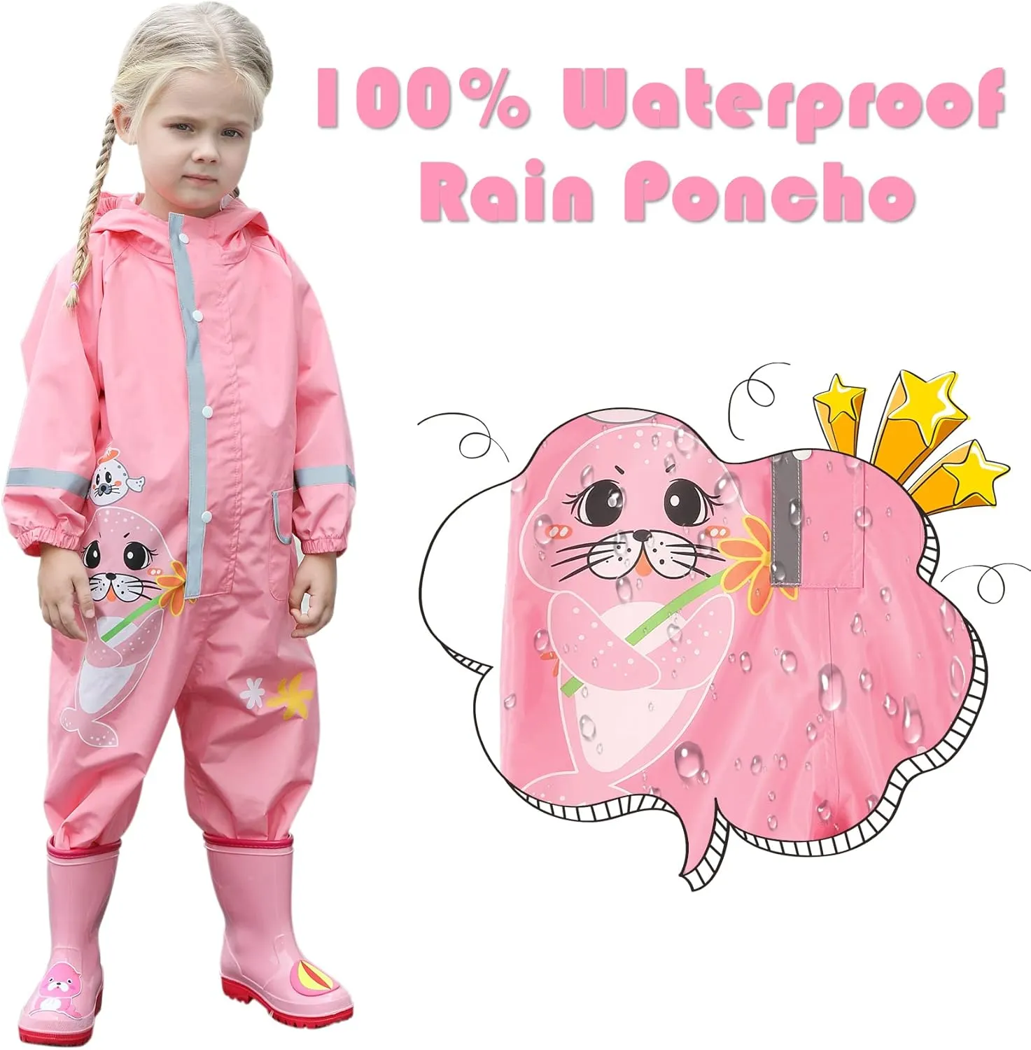 SSAWcasa Toddler Rain Suit, Muddy Play Buddies Kids One Piece Hoodie Rain Jacket Coat Poncho Gear Coverall Baby Girl Boy