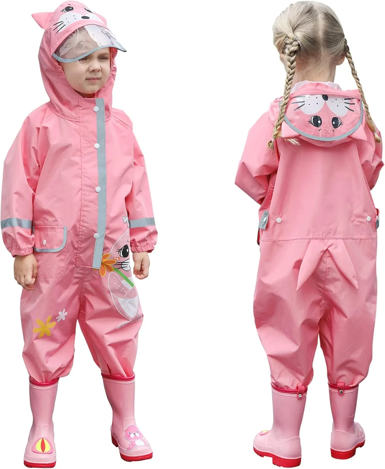 SSAWcasa Toddler Rain Suit, Muddy Play Buddies Kids One Piece Hoodie Rain Jacket Coat Poncho Gear Coverall Baby Girl Boy