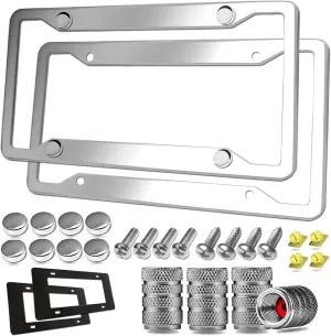 Stainless Steel License Plate Frames- 2 Pack Mirror Polished Car Plate Holder, with Screws, Chrome Caps, Heavy Duty Rustproof Metal Front Rear Car Tag Frame