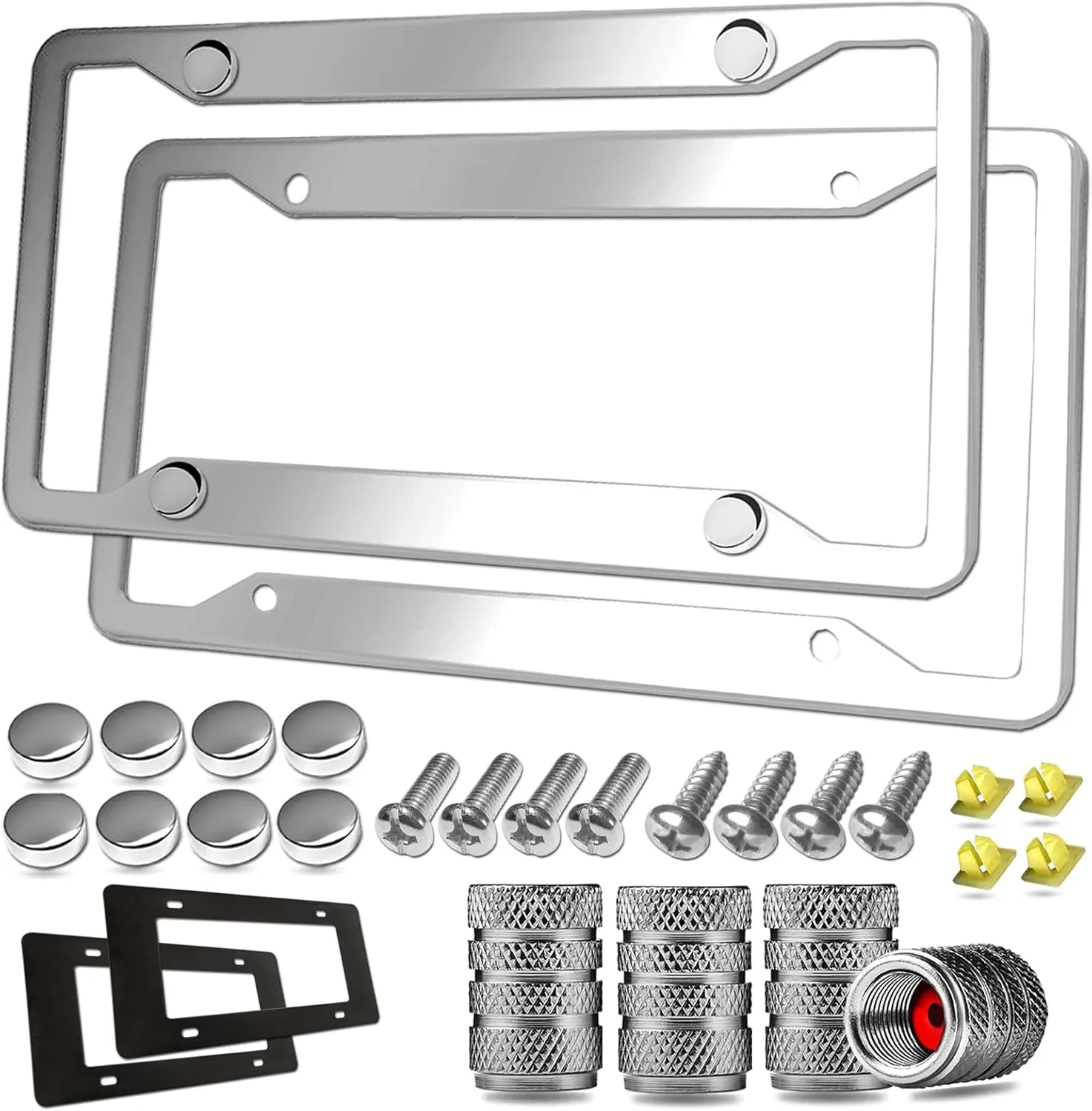 Stainless Steel License Plate Frames- 2 Pack Mirror Polished Car Plate Holder, with Screws, Chrome Caps, Heavy Duty Rustproof Metal Front Rear Car Tag Frame