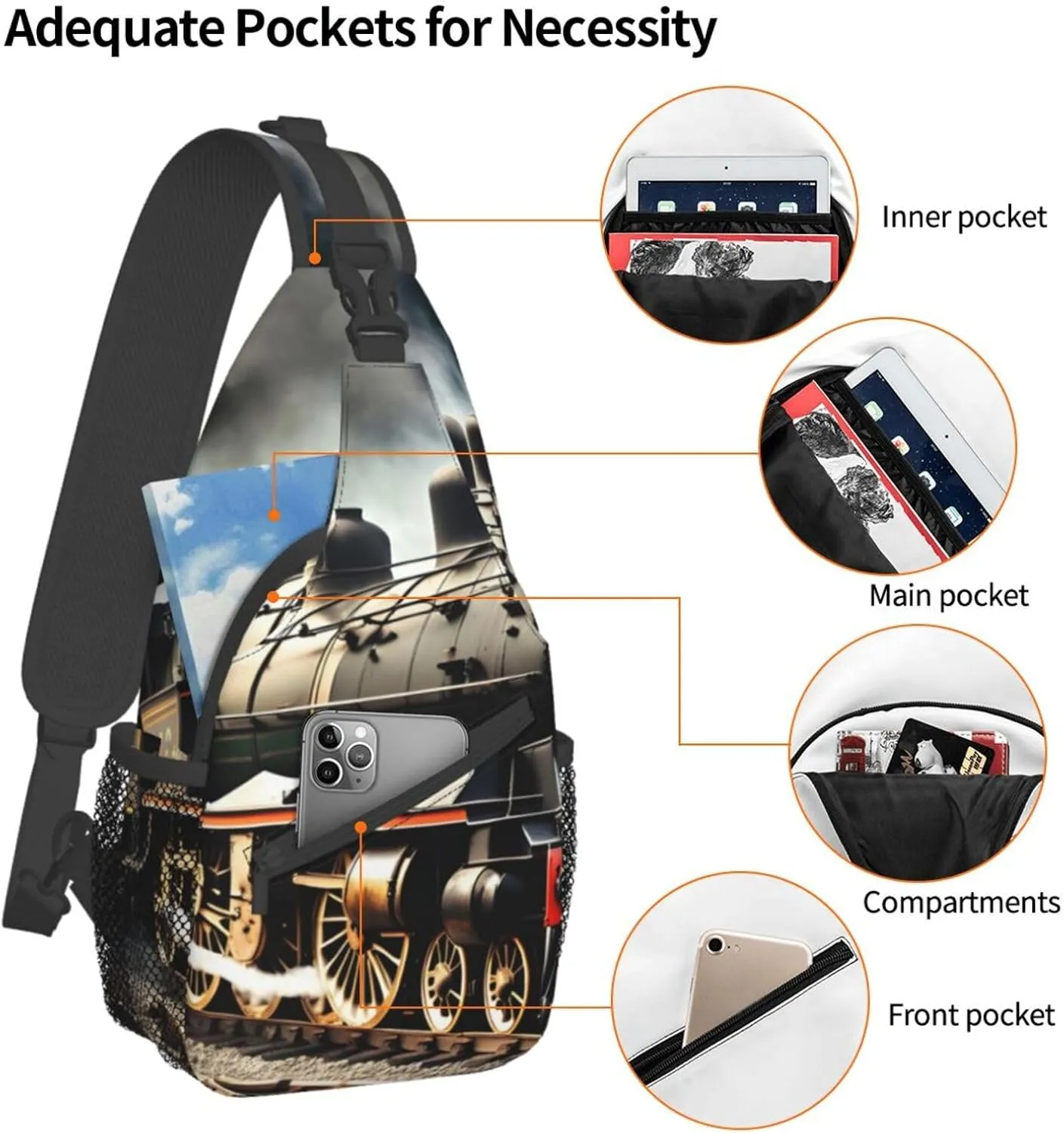 Steam Locomotive Train High Storage Capacity Chest Bag Diagonally Sling Backpack Crossbody Shoulder Bag For Men Women