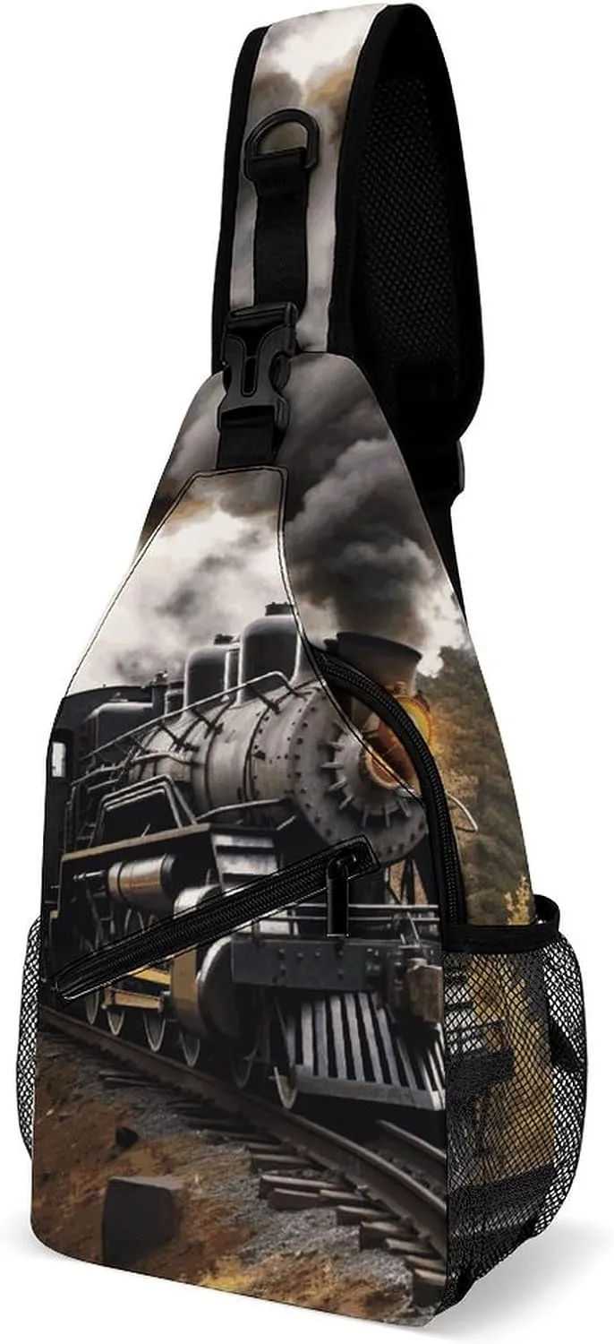 Steam Train Crossbody Sling Bag for Women Men Sling Backpack Travel Chest Bag Pack Man Purse Shoulder Bags Daypack for Travel Hiking Cycling