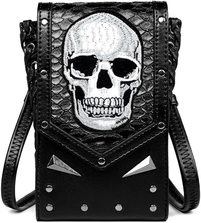 Steampunk Small Crossbody Bag Shoulder Purse Cellphone Wallet Satchel Gothic Waist Fanny Pack Chain Belt Purse Pouch (FBG088BK)