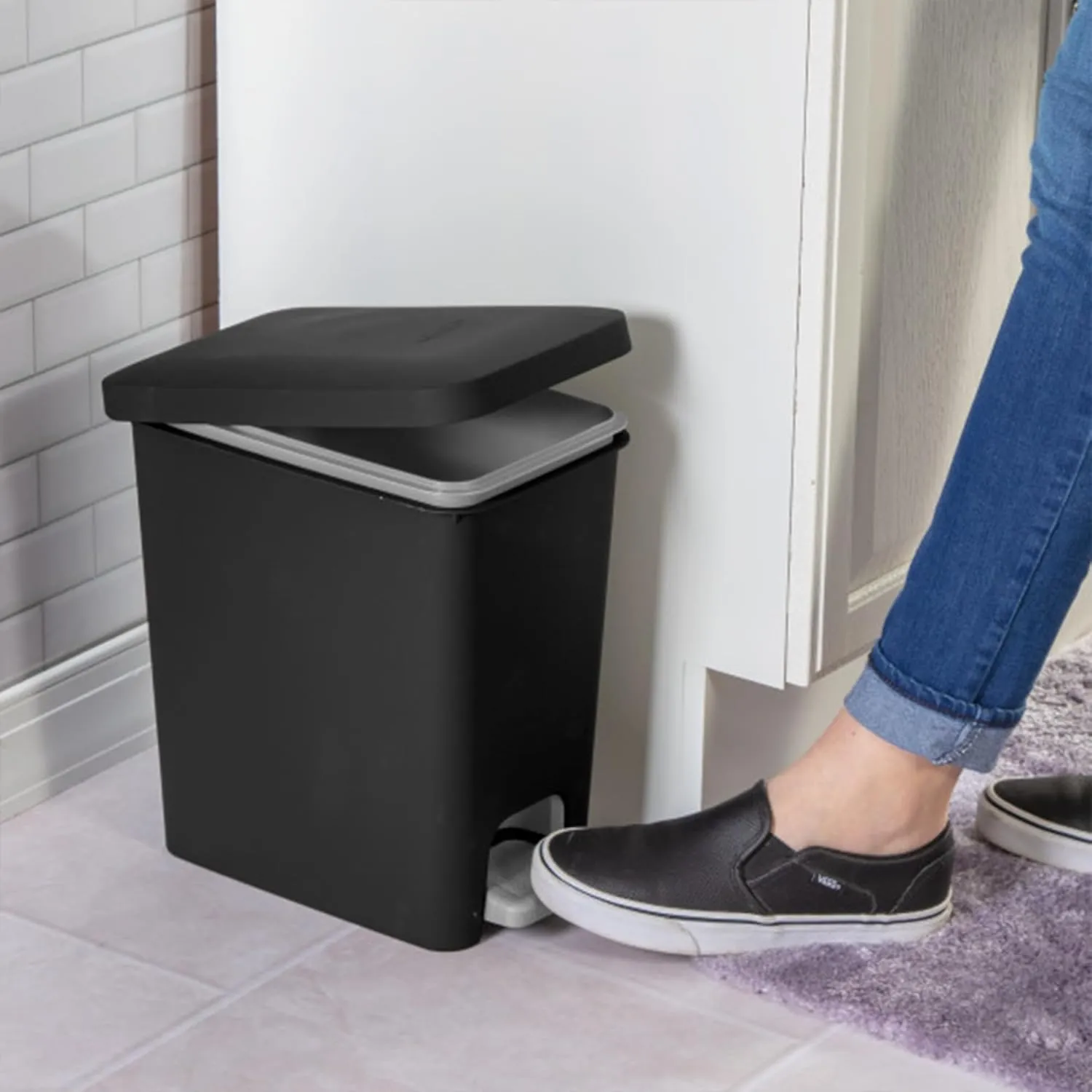 Sterilite 2.7 Gallon Rectangular Step On Kitchen Trash Bin Plastic Indoor Wastebasket with Removable Liner and Bag Holding Feature, Black (8 Pack)