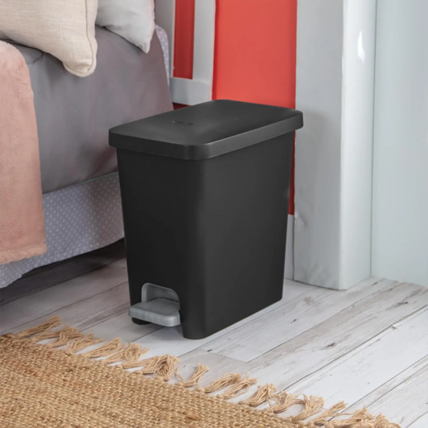 Sterilite 2.7 Gallon Rectangular Step On Kitchen Trash Bin Plastic Indoor Wastebasket with Removable Liner and Bag Holding Feature, Black (8 Pack)