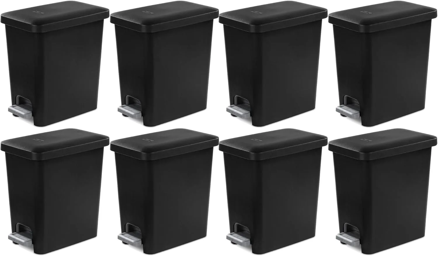 Sterilite 2.7 Gallon Rectangular Step On Kitchen Trash Bin Plastic Indoor Wastebasket with Removable Liner and Bag Holding Feature, Black (8 Pack)