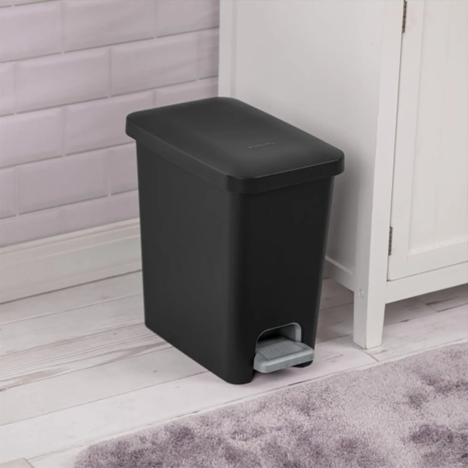 Sterilite 2.7 Gallon Rectangular Step On Kitchen Trash Bin Plastic Indoor Wastebasket with Removable Liner and Bag Holding Feature, Black (8 Pack)