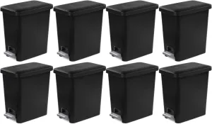 Sterilite 2.7 Gallon Rectangular Step On Kitchen Trash Bin Plastic Indoor Wastebasket with Removable Liner and Bag Holding Feature, Black (8 Pack)