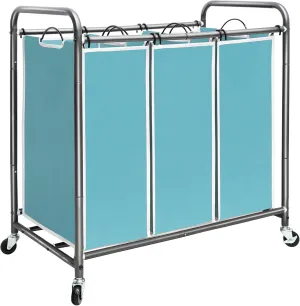 STORAGE MANIAC 3 Section Laundry Sorter, 3 Bag Laundry Hamper Cart with Heavy Duty Rolling Lockable Wheels and Removable Bags, Blue
