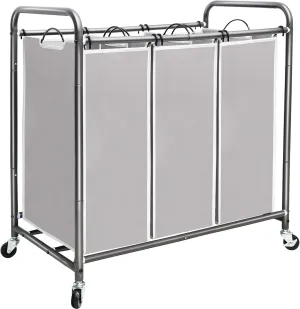 STORAGE MANIAC 3 Section Laundry Sorter, 3 Bag Laundry Hamper Cart with Heavy Duty Rolling Lockable Wheels and Removable Bags, Laundry Organizer Basket Clothes Separator Hamper, Gray