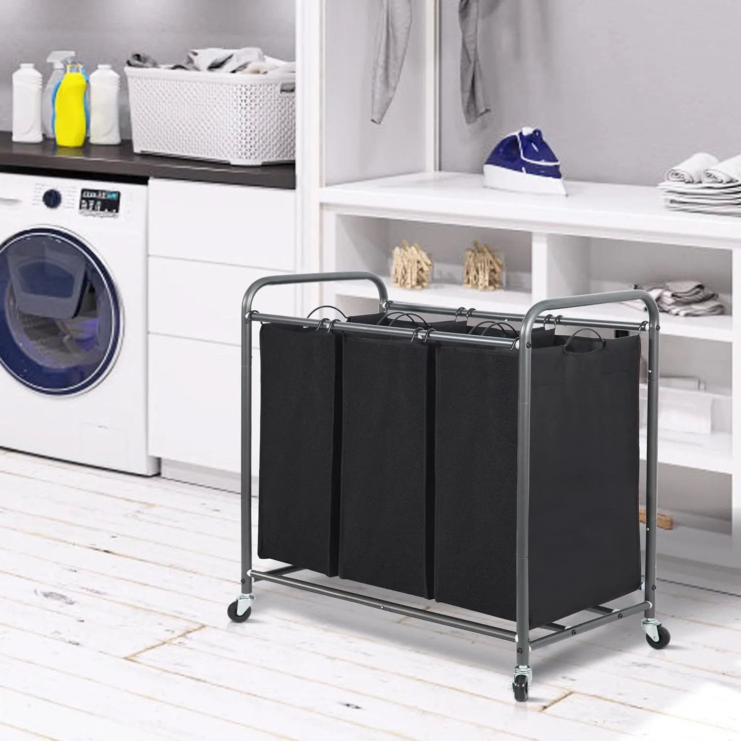 STORAGE MANIAC 3 Section Laundry Sorter, Heavy Duty Rolling Lockable Wheels Laundry Hamper Cart with Removable Bags, Black