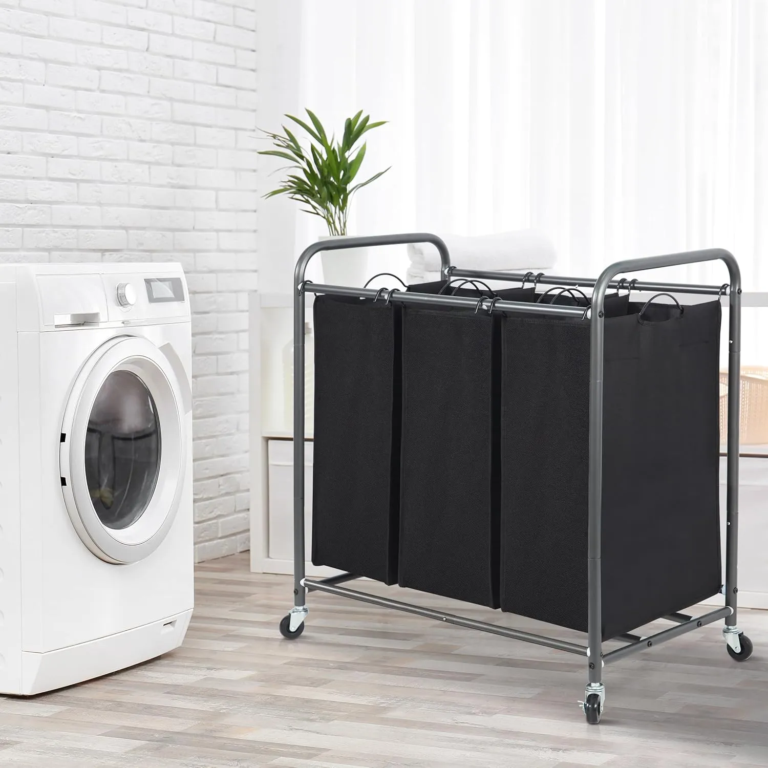 STORAGE MANIAC 3 Section Laundry Sorter, Heavy Duty Rolling Lockable Wheels Laundry Hamper Cart with Removable Bags, Black