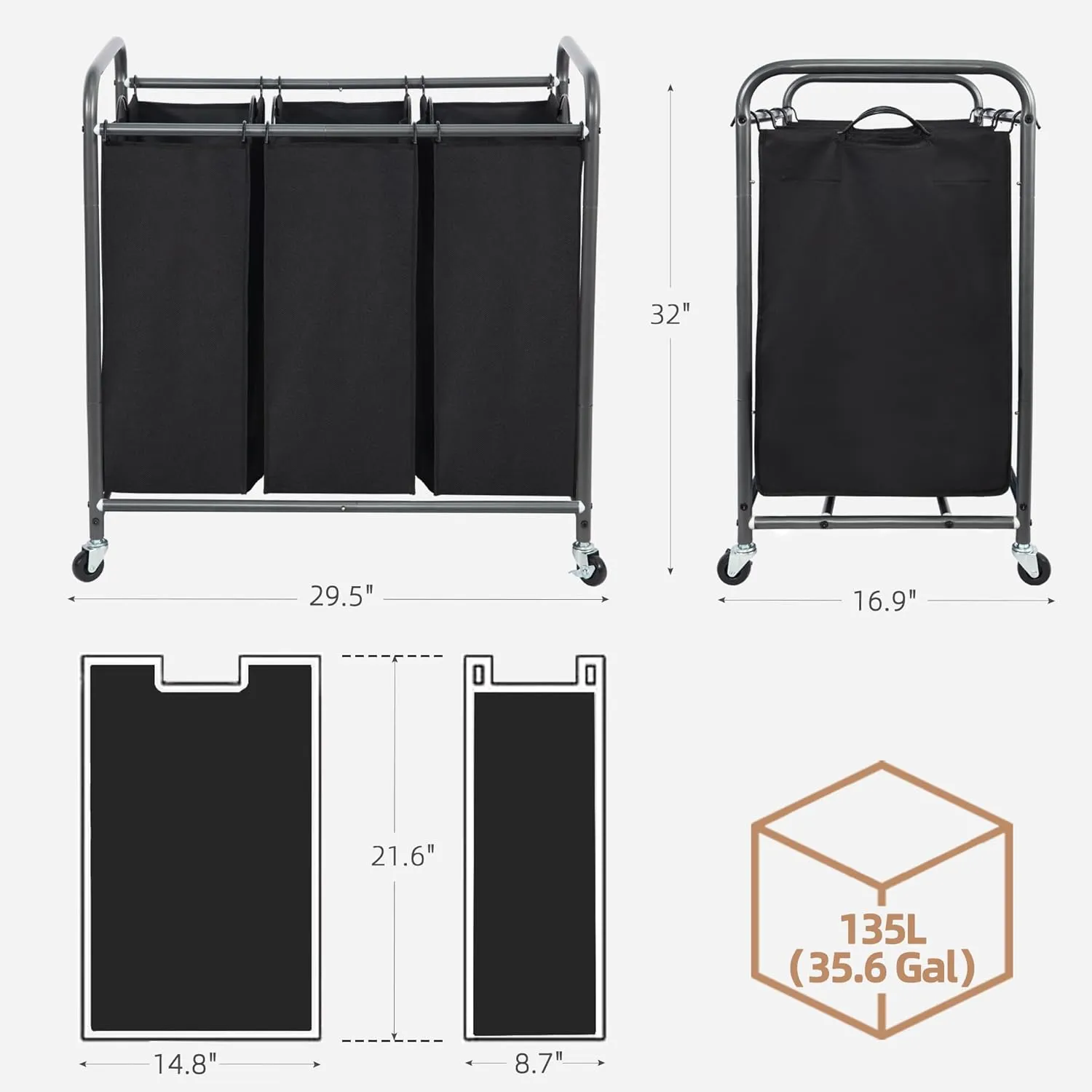 STORAGE MANIAC 3 Section Laundry Sorter, Heavy Duty Rolling Lockable Wheels Laundry Hamper Cart with Removable Bags, Black