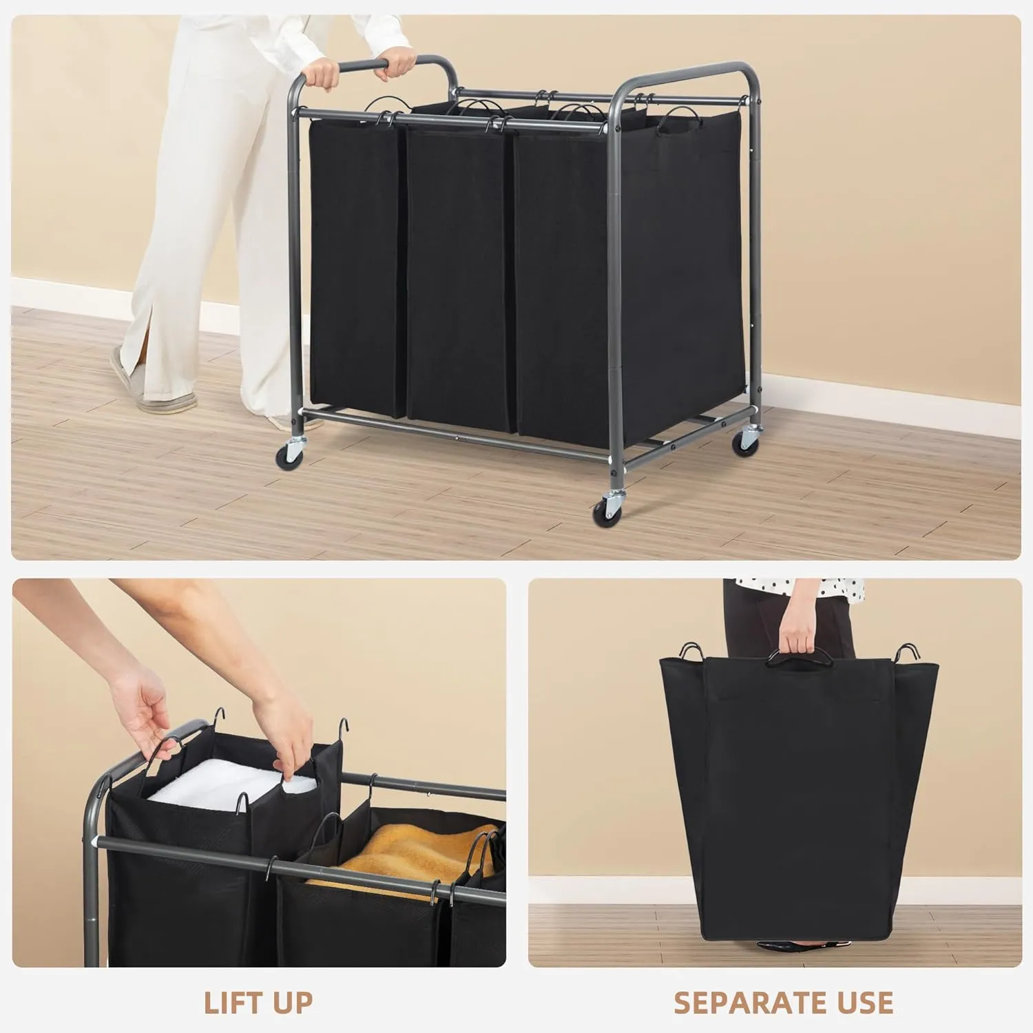 STORAGE MANIAC 3 Section Laundry Sorter, Heavy Duty Rolling Lockable Wheels Laundry Hamper Cart with Removable Bags, Black