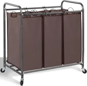 STORAGE MANIAC 3 Section Sorter, Laundry Hamper Cart with Lockable Wheels and Removable Bags, Clothes Separator, Brown