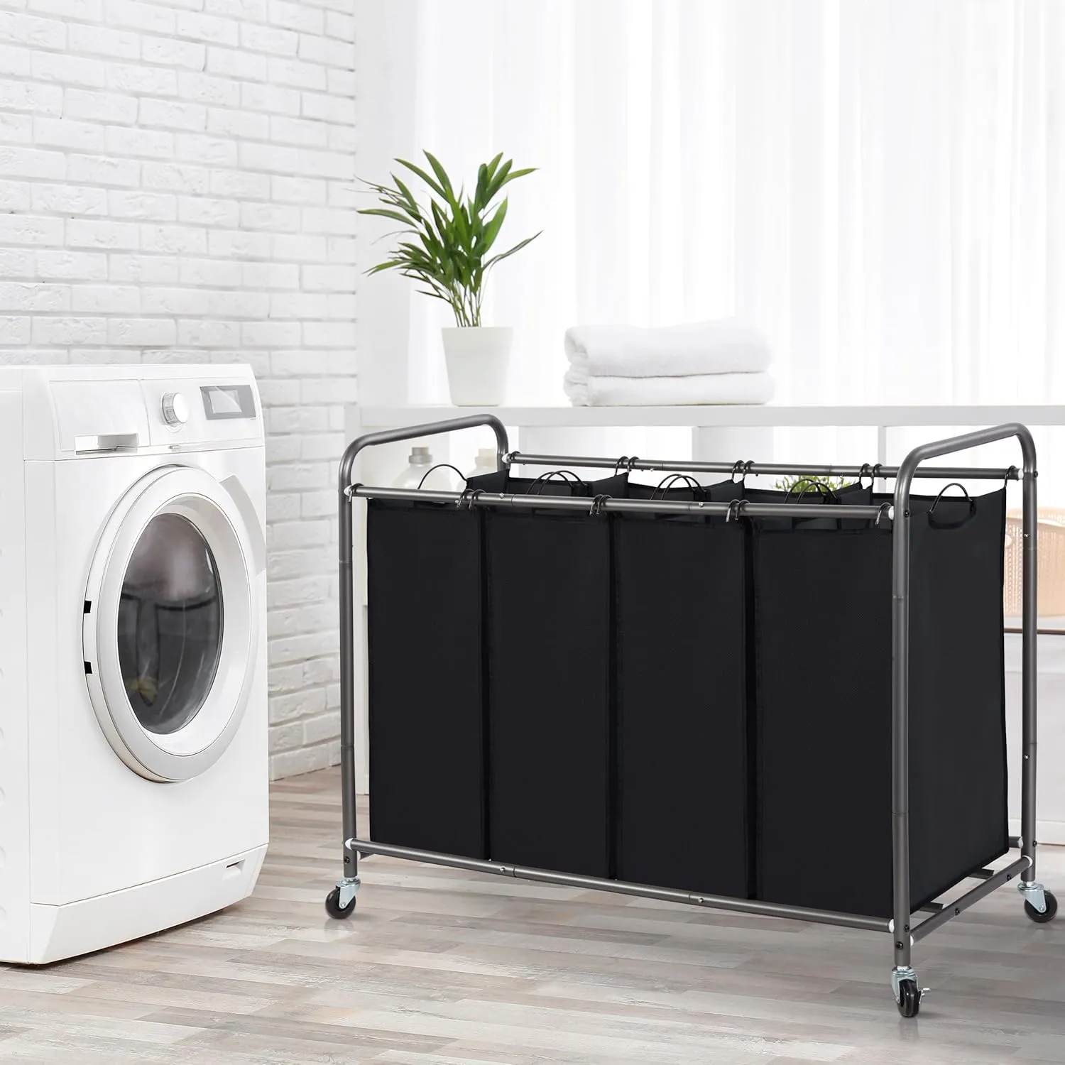STORAGE MANIAC Laundry Sorter 4 Section, Hamper with Wheels and Removable Bags, Black