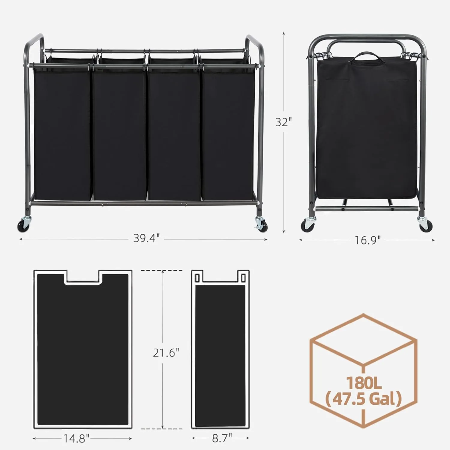 STORAGE MANIAC Laundry Sorter 4 Section, Hamper with Wheels and Removable Bags, Black