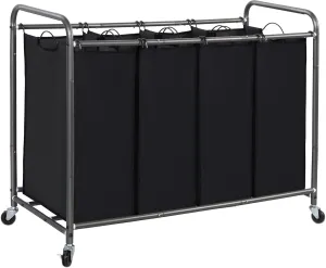 STORAGE MANIAC Laundry Sorter 4 Section, Hamper with Wheels and Removable Bags, Black