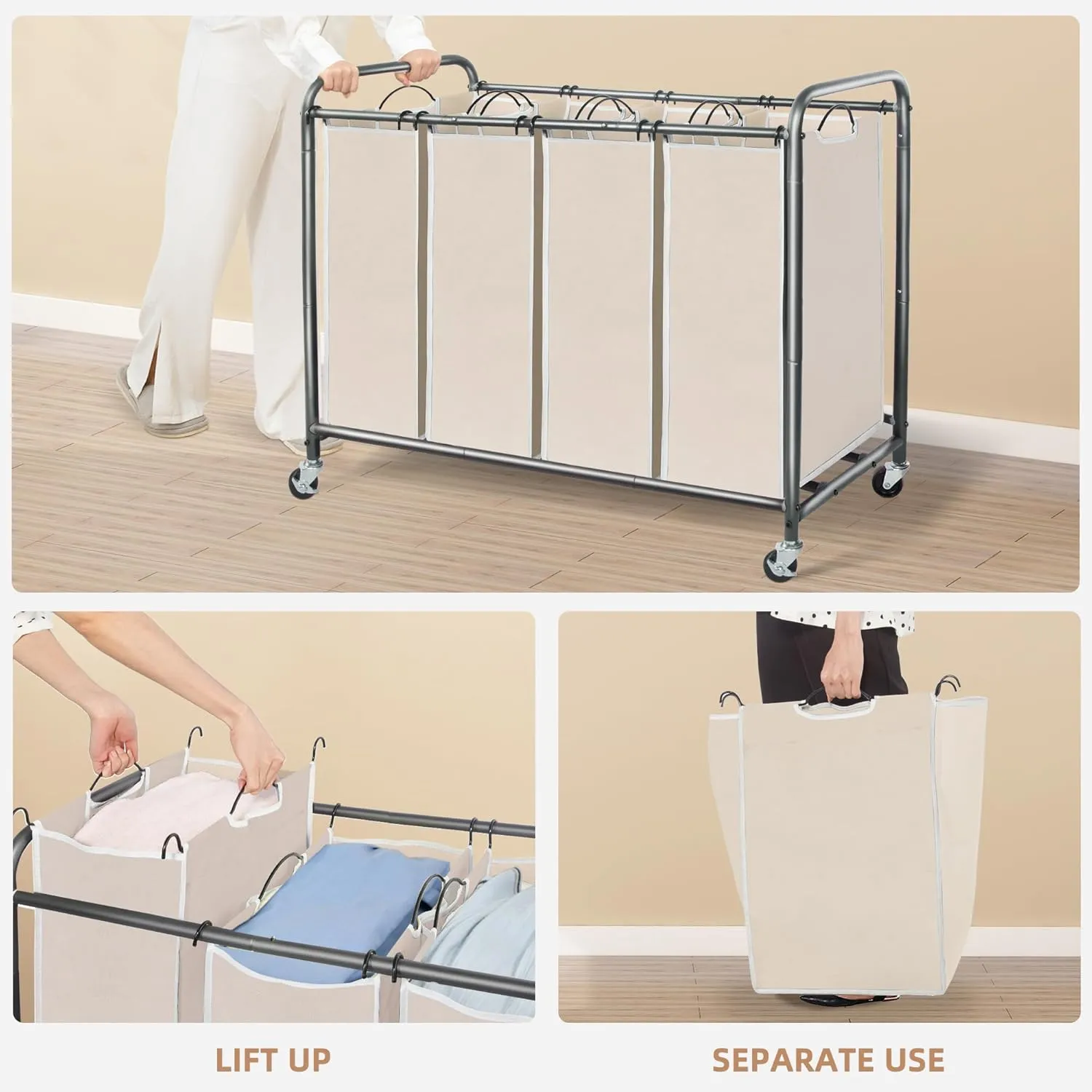 STORAGE MANIAC Laundry Sorter 4 Section, Laundry Hamper with Wheels, Laundry Basket Sorter, Laundry Separator Hamper, Laundry Divider Hamper, 4 Bag Laundry Hamper with Wheels and Removable Bags, Beige