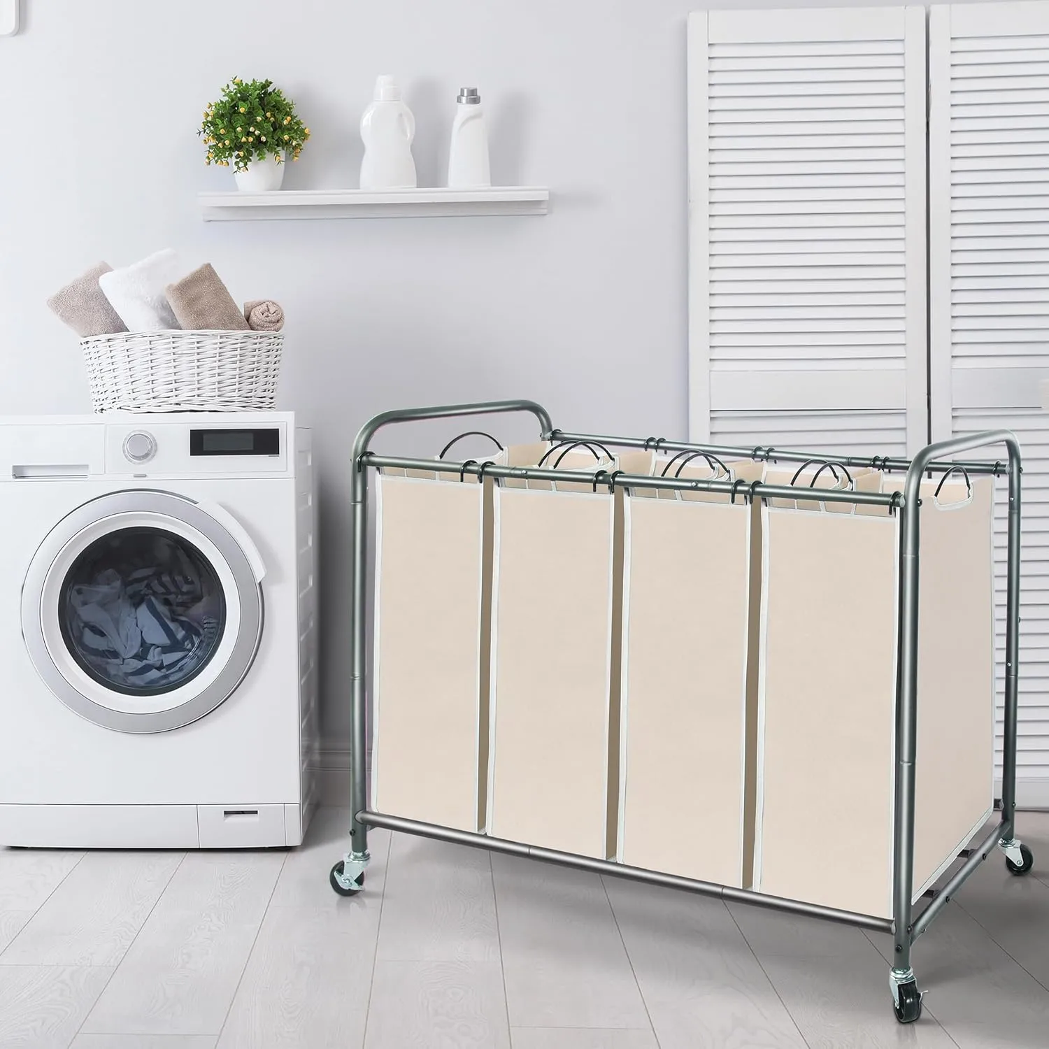 STORAGE MANIAC Laundry Sorter 4 Section, Laundry Hamper with Wheels, Laundry Basket Sorter, Laundry Separator Hamper, Laundry Divider Hamper, 4 Bag Laundry Hamper with Wheels and Removable Bags, Beige
