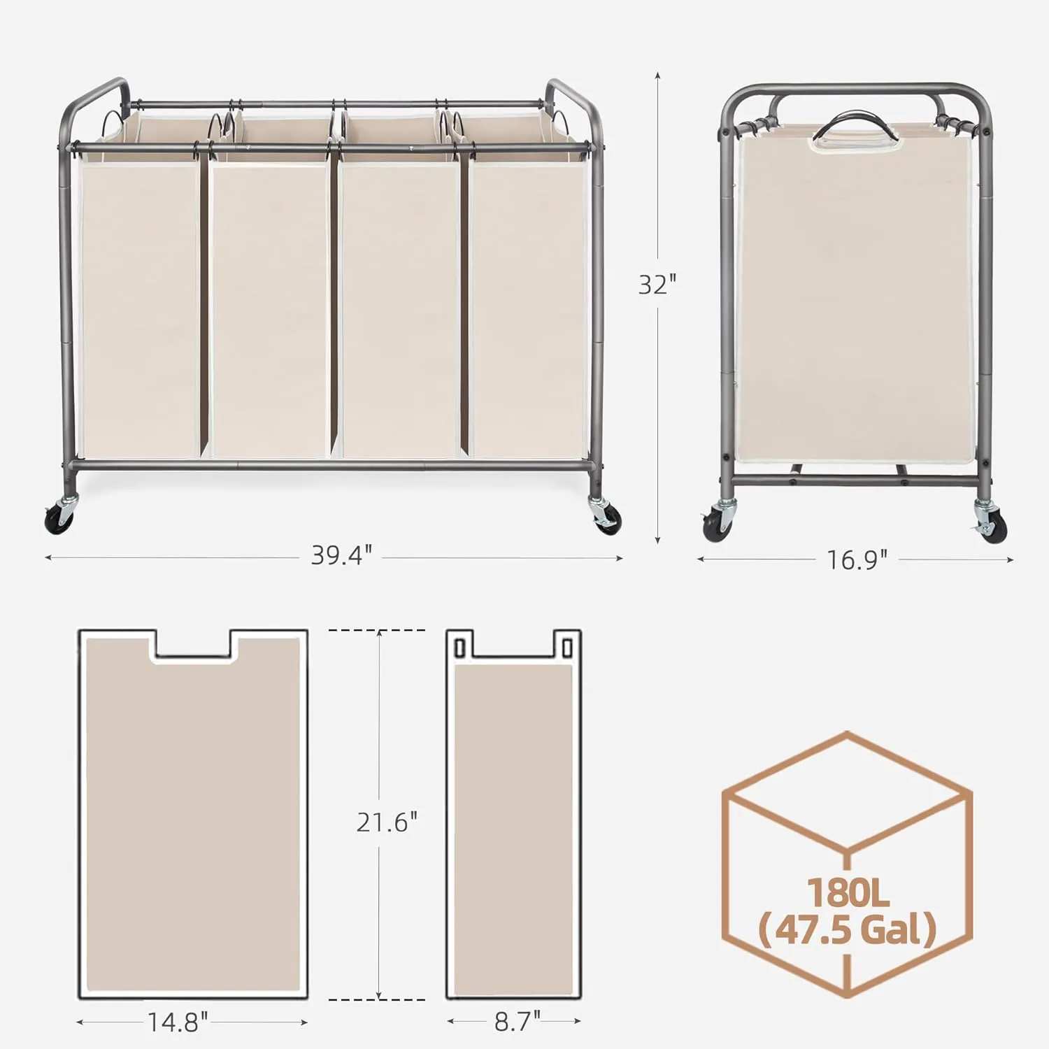 STORAGE MANIAC Laundry Sorter 4 Section, Laundry Hamper with Wheels, Laundry Basket Sorter, Laundry Separator Hamper, Laundry Divider Hamper, 4 Bag Laundry Hamper with Wheels and Removable Bags, Beige