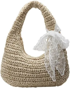 Straw Hobo Handbag with Lace Bow, Summer Beach Shoulder Bag, Beige